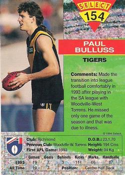 1994 Select AFL #154 Paul Bulluss Back